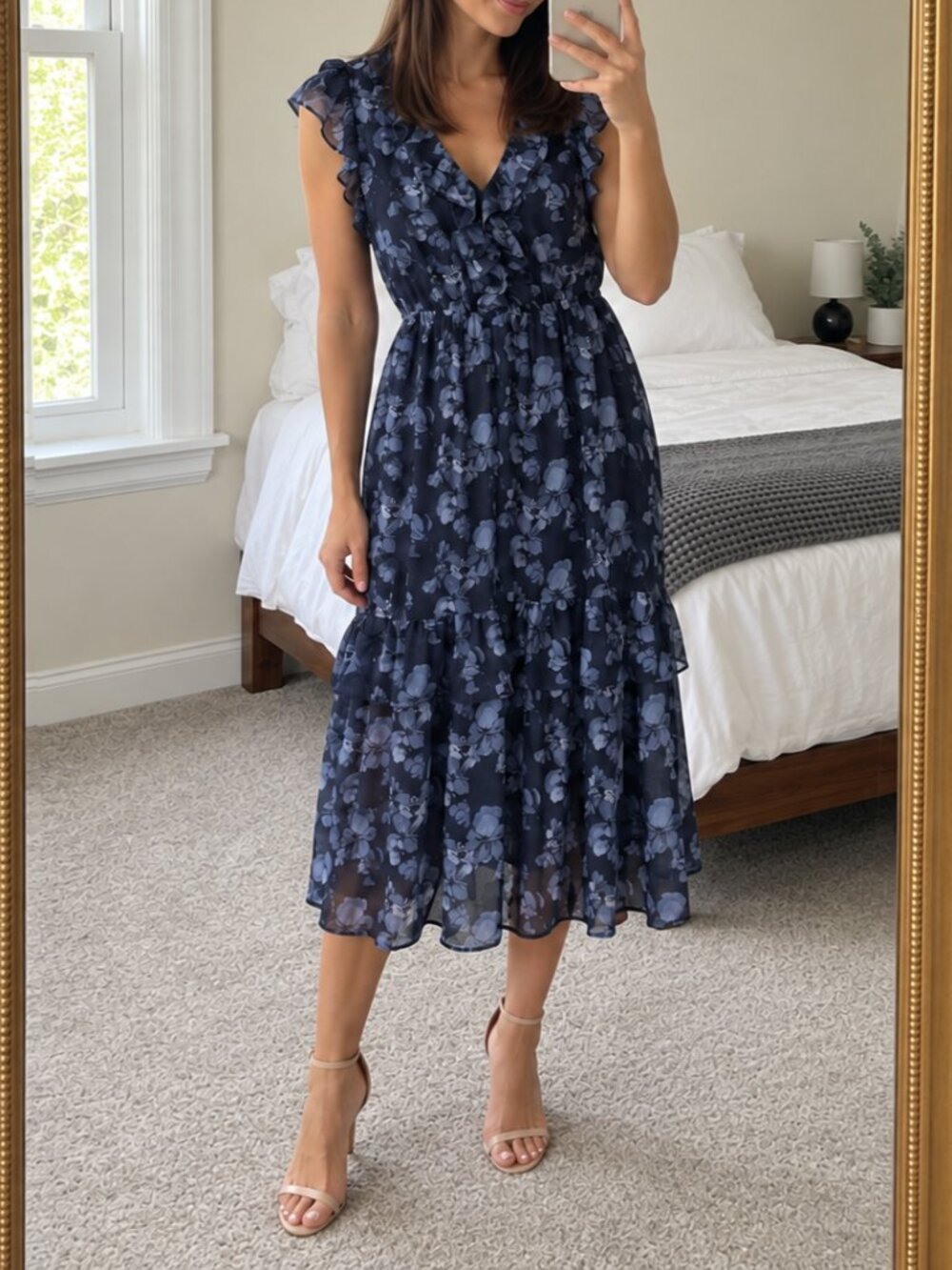 Banana Republic Petite XS Navy Blue Floral Ruffle Tiered Midi Dress V-Neck